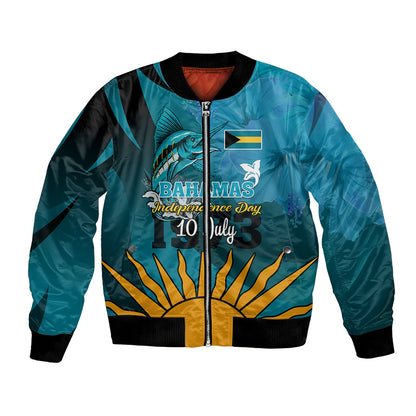 10 July The Bahamas Independence Day Bomber Jacket Bahamian Blue Marlin With Hibiscus LT01