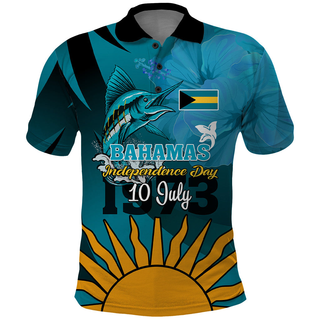Custom 10 July The Bahamas Independence Day Polo Shirt Bahamian Blue Marlin With Hibiscus LT01