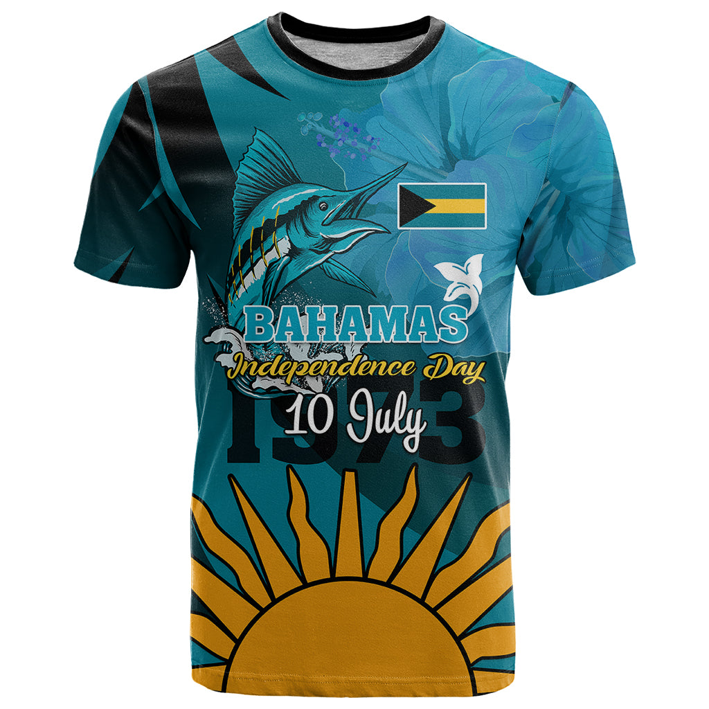Custom 10 July The Bahamas Independence Day T Shirt Bahamian Blue Marlin With Hibiscus LT01