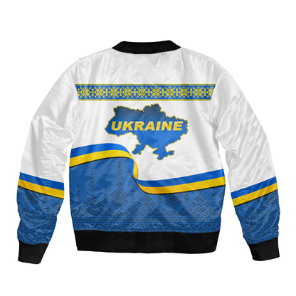 Ukraine Sleeve Zip Bomber Jacket Ukrainian Map Vyshyvanka Pattern