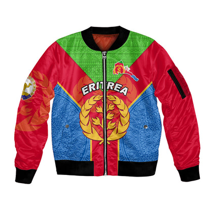 Custom Eritrea Sleeve Zip Bomber Jacket Eritrean Emblem Flag Mix African Pattern