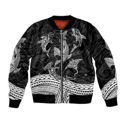 Polynesian Tribal Bomber Jacket with Sharks Tattoo White
