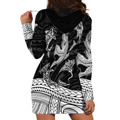 Polynesian Tribal Hoodie Dress with Sharks Tattoo White