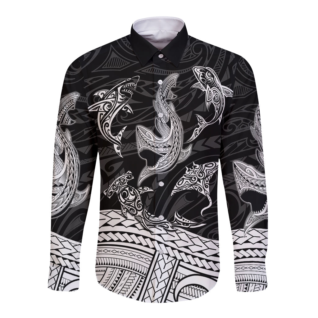 Polynesian Tribal Long Sleeve Button Shirt with Sharks Tattoo White
