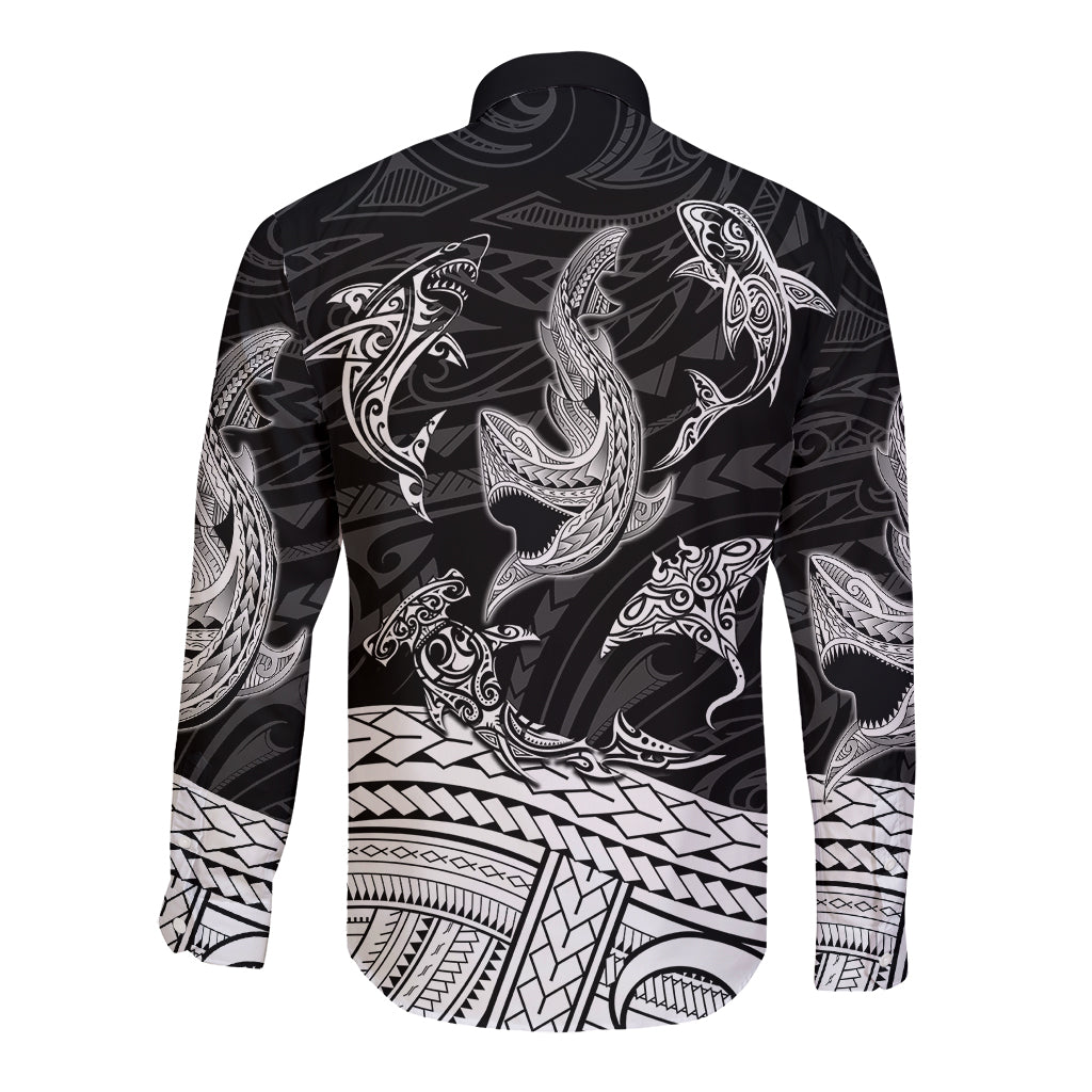 Polynesian Tribal Long Sleeve Button Shirt with Sharks Tattoo White