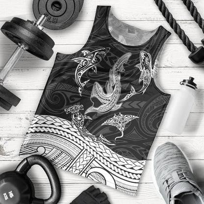 Polynesian Tribal Men Tank Top with Sharks Tattoo White