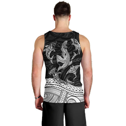 Polynesian Tribal Men Tank Top with Sharks Tattoo White