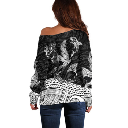 Polynesian Tribal Off Shoulder Sweater with Sharks Tattoo White