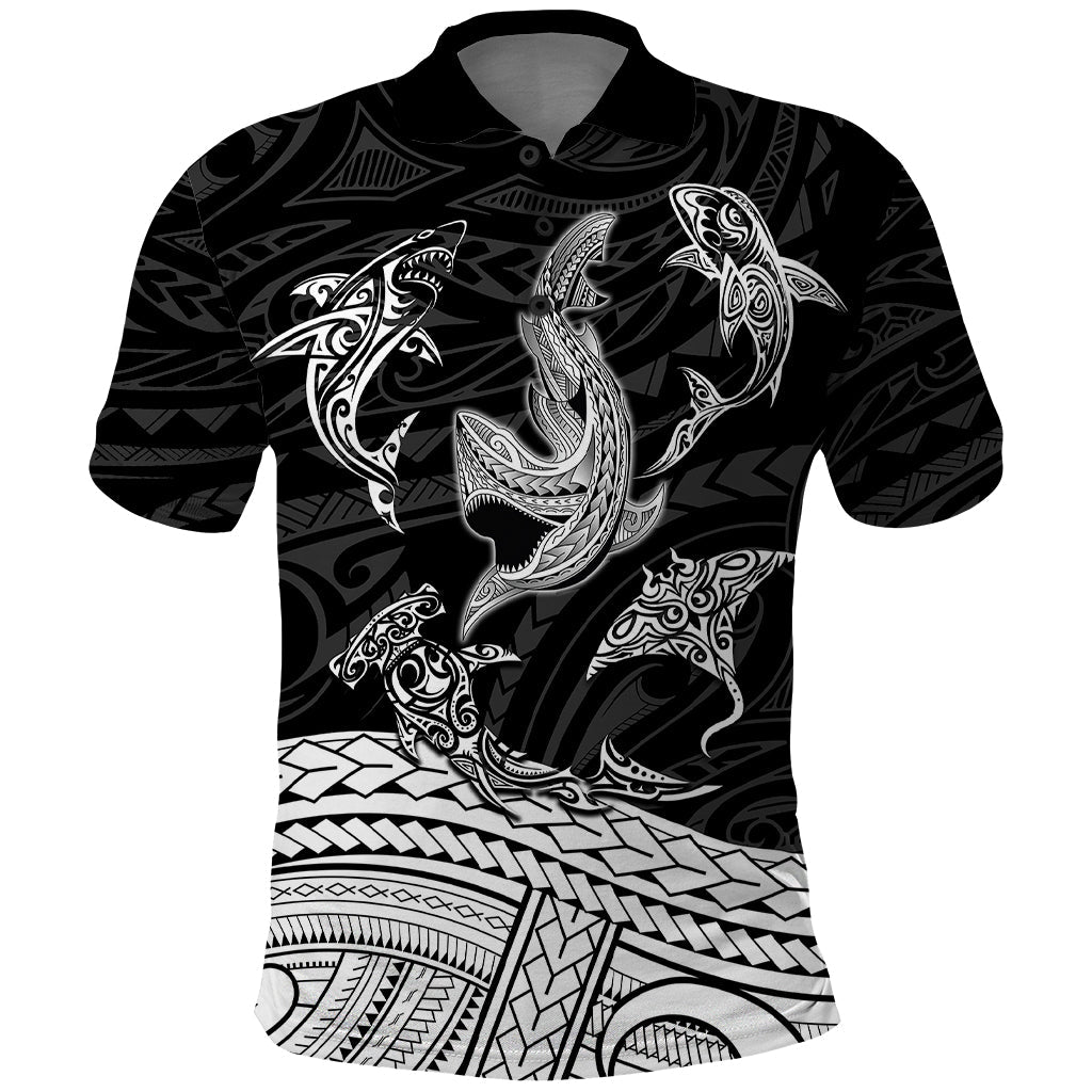 Polynesian Tribal Polo Shirt with Sharks Tattoo White