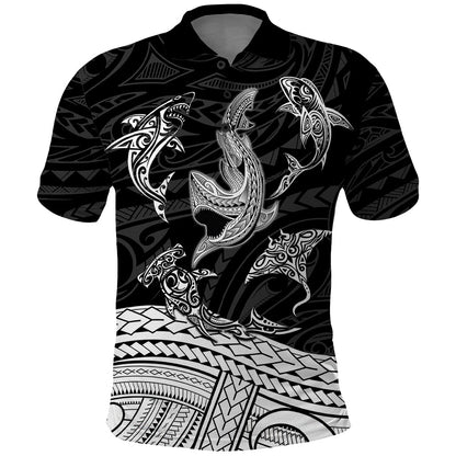 Polynesian Tribal Polo Shirt with Sharks Tattoo White