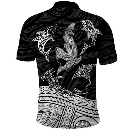 Polynesian Tribal Polo Shirt with Sharks Tattoo White