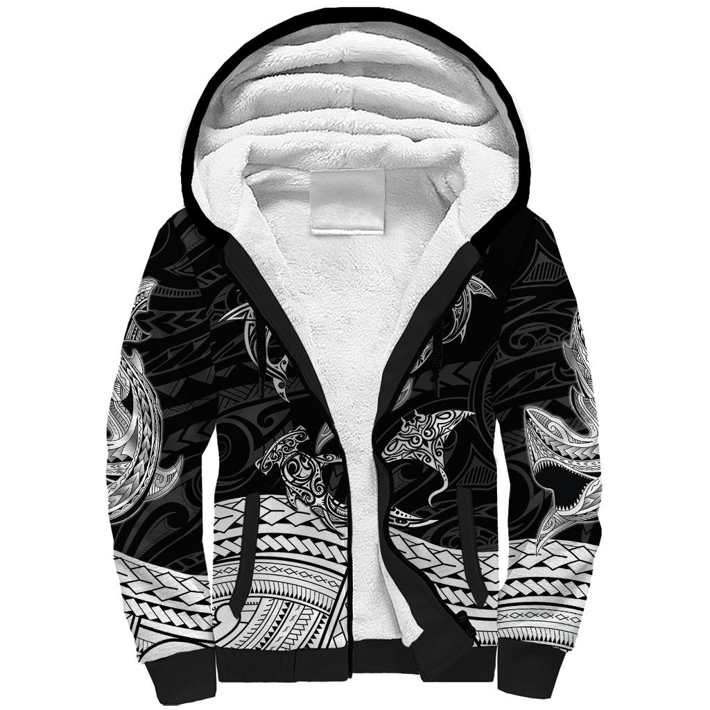 Polynesian Tribal Sherpa Hoodie with Sharks Tattoo White