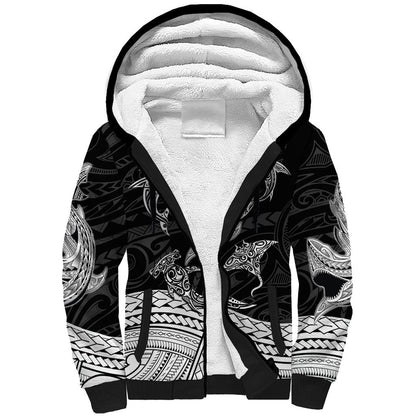 Polynesian Tribal Sherpa Hoodie with Sharks Tattoo White