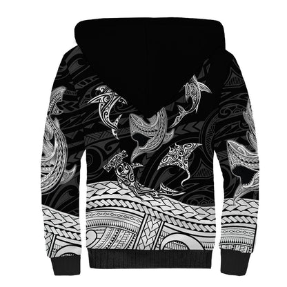 Polynesian Tribal Sherpa Hoodie with Sharks Tattoo White