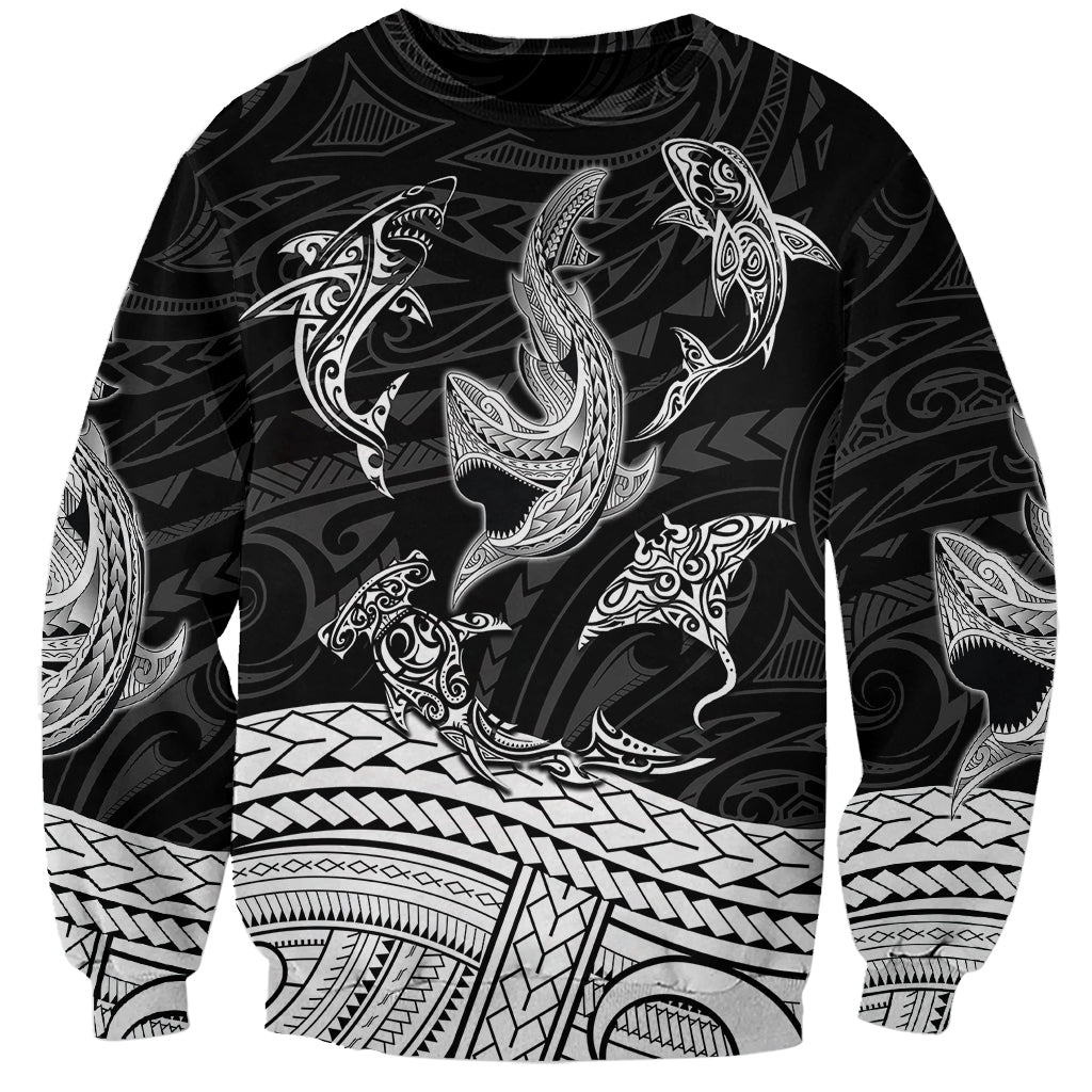 Polynesian Tribal Sweatshirt with Sharks Tattoo White