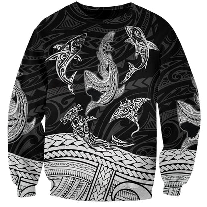 Polynesian Tribal Sweatshirt with Sharks Tattoo White