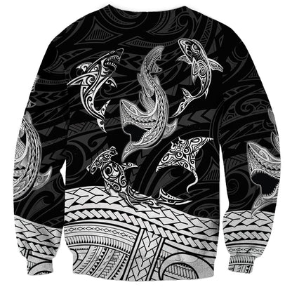 Polynesian Tribal Sweatshirt with Sharks Tattoo White