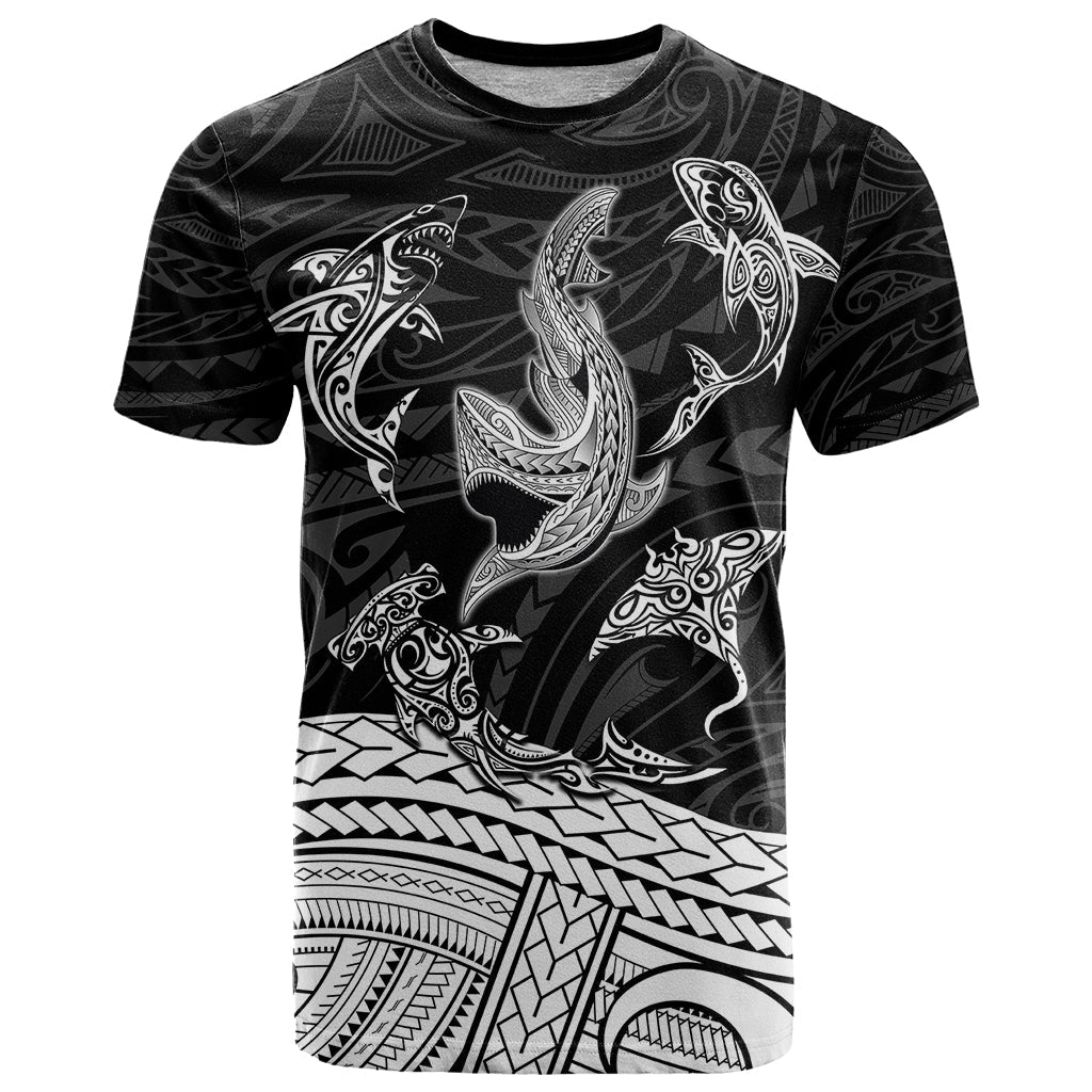 Polynesian Tribal T Shirt with Sharks Tattoo White
