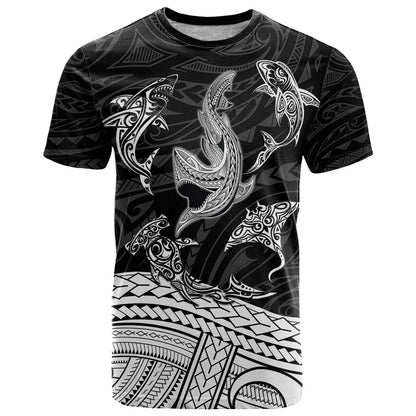 Polynesian Tribal T Shirt with Sharks Tattoo White