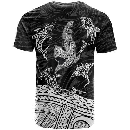 Polynesian Tribal T Shirt with Sharks Tattoo White