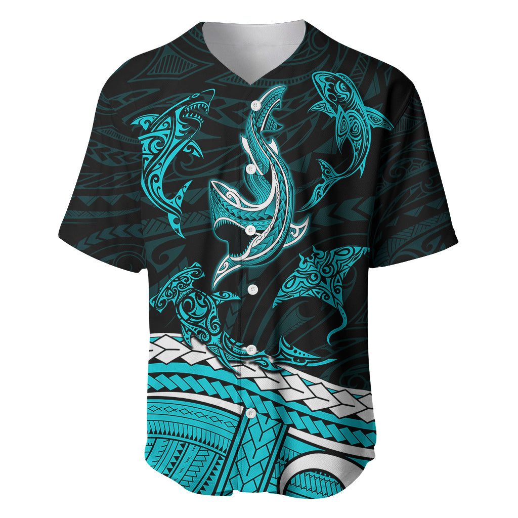 Polynesian Tribal Baseball Jersey with Sharks Tattoo Green