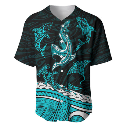Polynesian Tribal Baseball Jersey with Sharks Tattoo Green