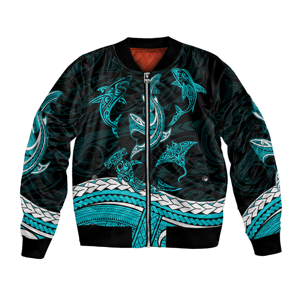Polynesian Tribal Bomber Jacket with Sharks Tattoo Green