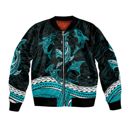 Polynesian Tribal Bomber Jacket with Sharks Tattoo Green