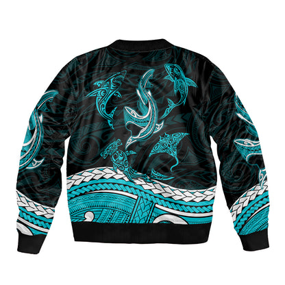 Polynesian Tribal Bomber Jacket with Sharks Tattoo Green