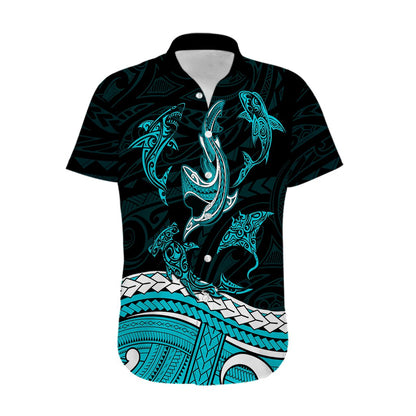 Polynesian Tribal Hawaiian Shirt with Sharks Tattoo Green