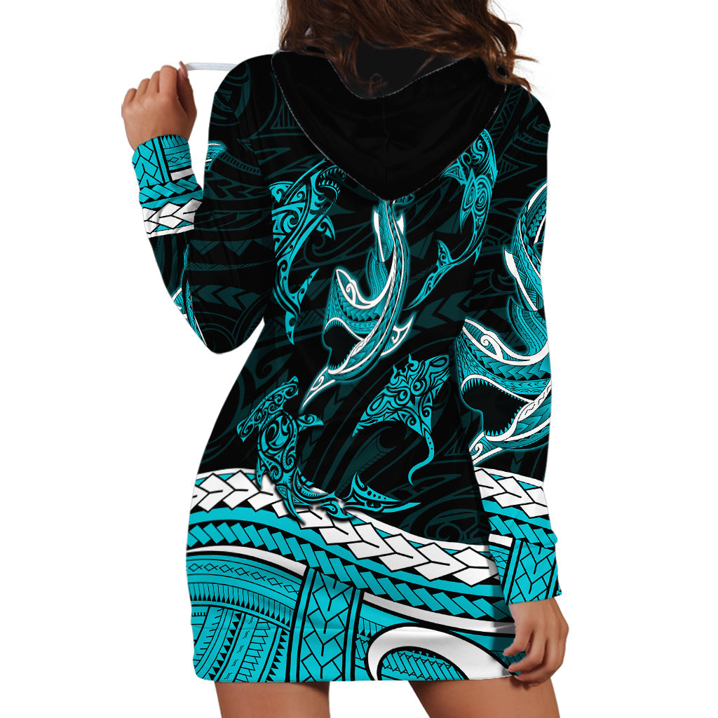 Polynesian Tribal Hoodie Dress with Sharks Tattoo Green