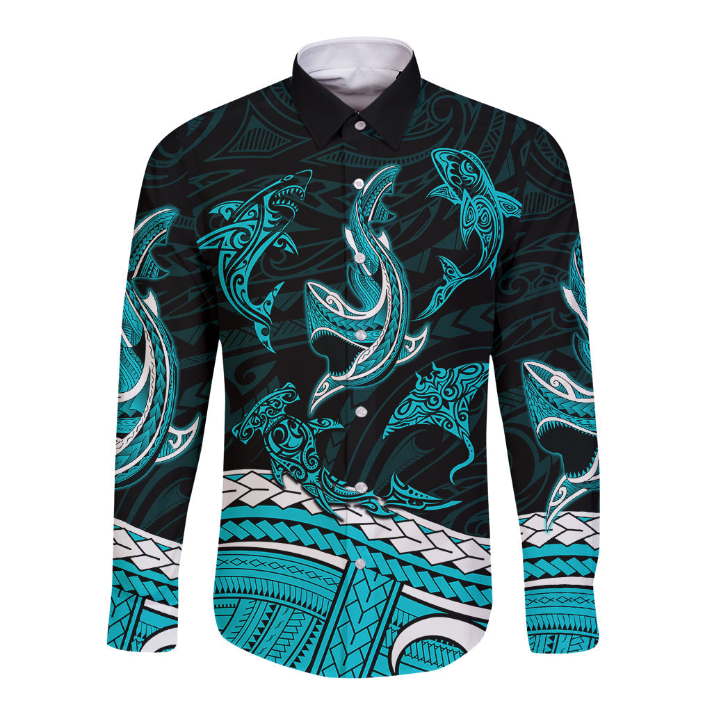 Polynesian Tribal Long Sleeve Button Shirt with Sharks Tattoo Green