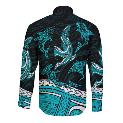 Polynesian Tribal Long Sleeve Button Shirt with Sharks Tattoo Green
