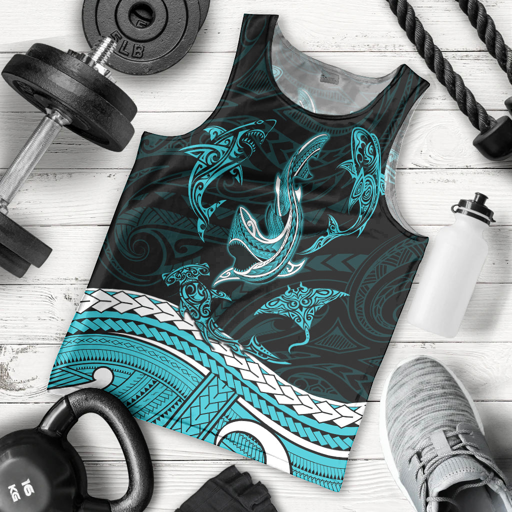 Polynesian Tribal Men Tank Top with Sharks Tattoo Green