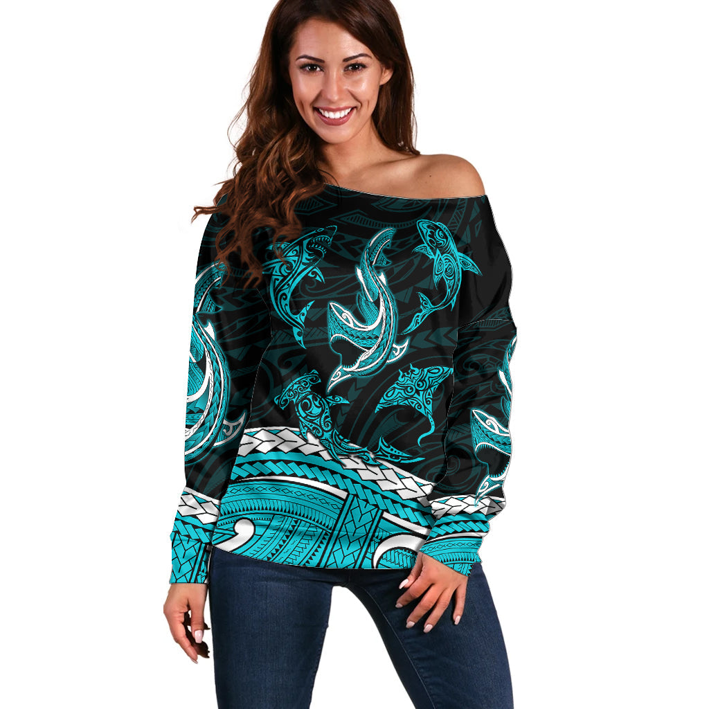 Polynesian Tribal Off Shoulder Sweater with Sharks Tattoo Green
