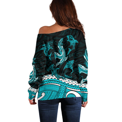 Polynesian Tribal Off Shoulder Sweater with Sharks Tattoo Green