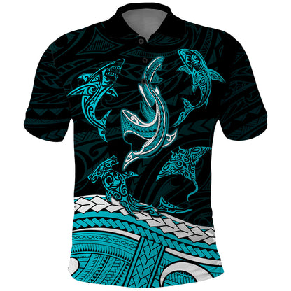 Polynesian Tribal Polo Shirt with Sharks Tattoo Green