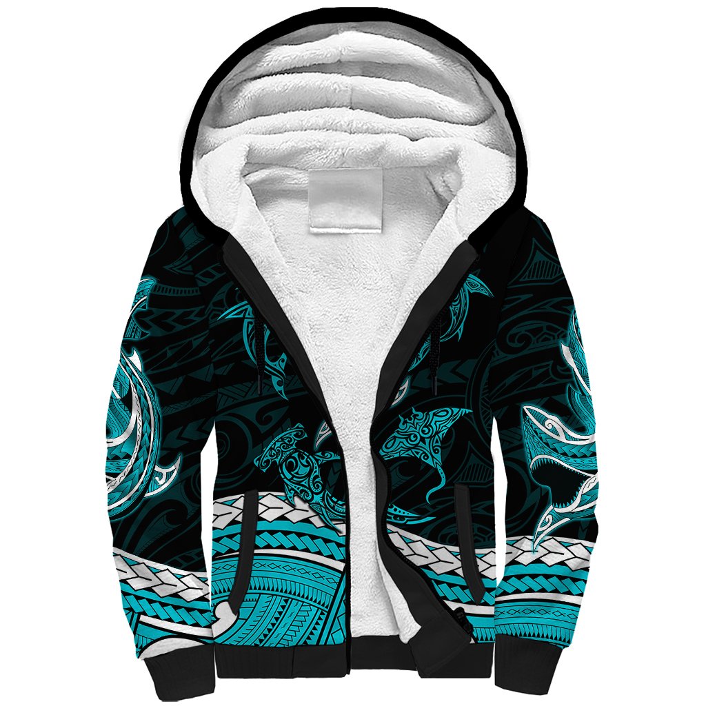 Polynesian Tribal Sherpa Hoodie with Sharks Tattoo Green