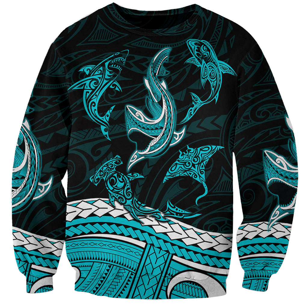 Polynesian Tribal Sweatshirt with Sharks Tattoo Green