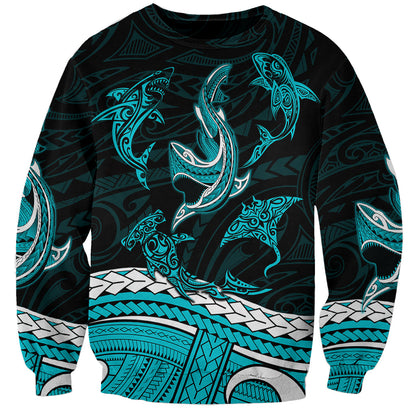 Polynesian Tribal Sweatshirt with Sharks Tattoo Green