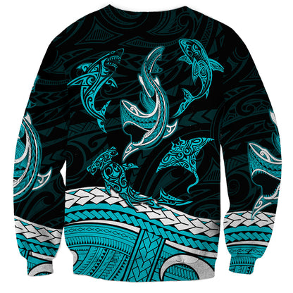 Polynesian Tribal Sweatshirt with Sharks Tattoo Green