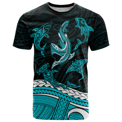 Polynesian Tribal T Shirt with Sharks Tattoo Green