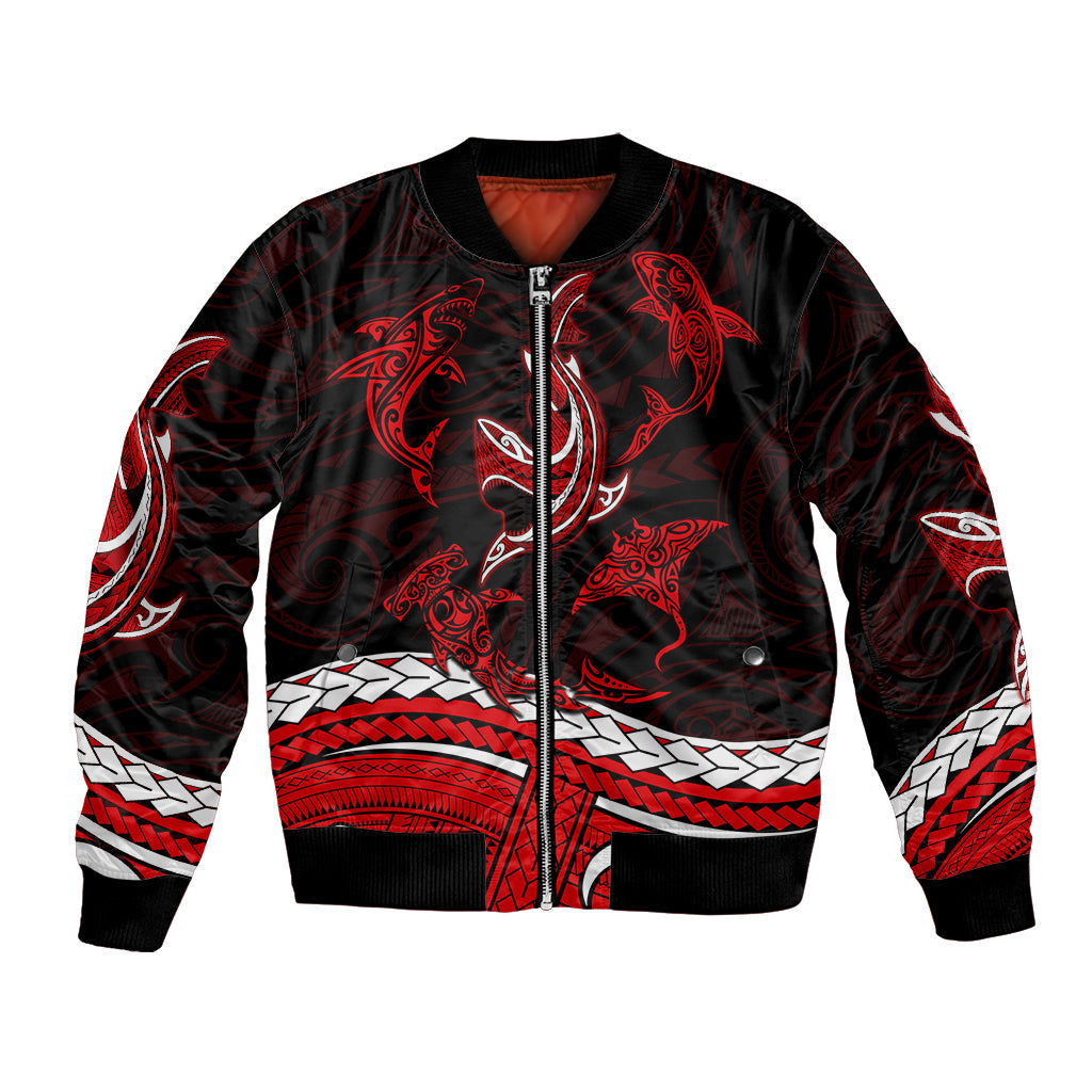 Polynesian Tribal Bomber Jacket with Sharks Tattoo Red