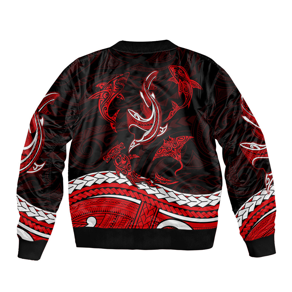 Polynesian Tribal Bomber Jacket with Sharks Tattoo Red