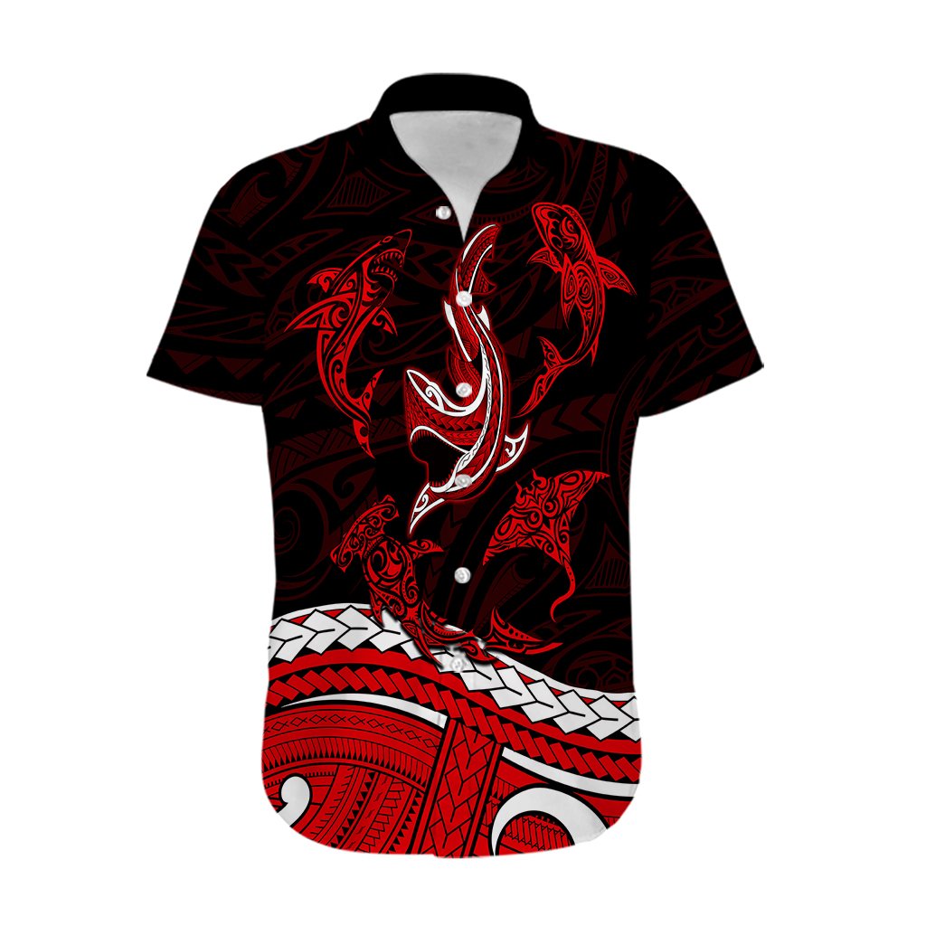 Polynesian Tribal Hawaiian Shirt with Sharks Tattoo Red