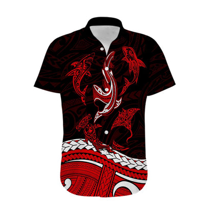 Polynesian Tribal Hawaiian Shirt with Sharks Tattoo Red