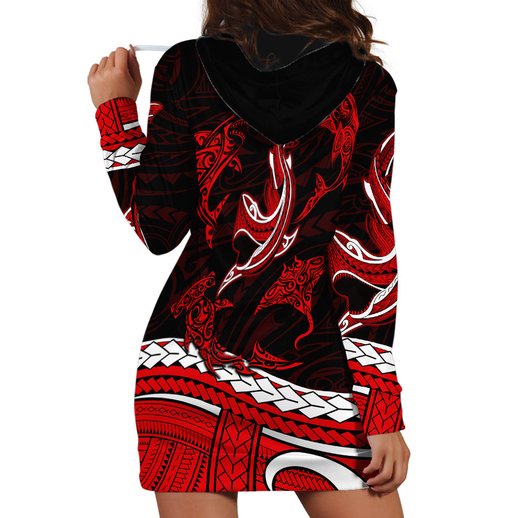 Polynesian Tribal Hoodie Dress with Sharks Tattoo Red