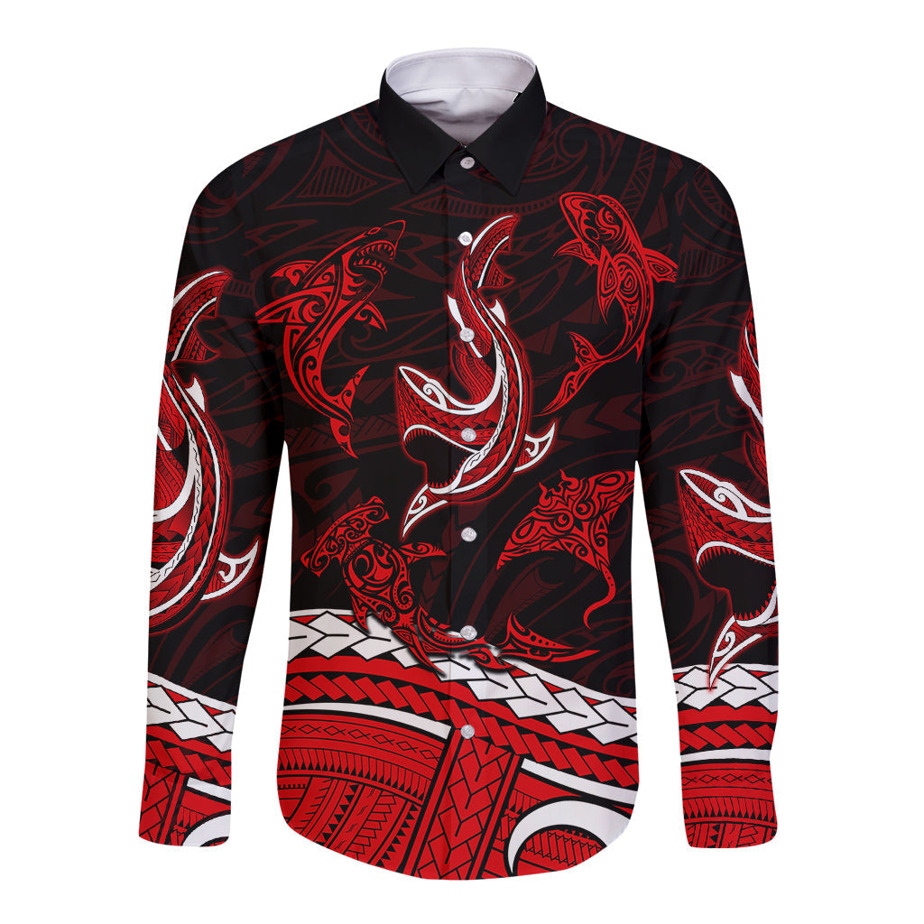 Polynesian Tribal Long Sleeve Button Shirt with Sharks Tattoo Red