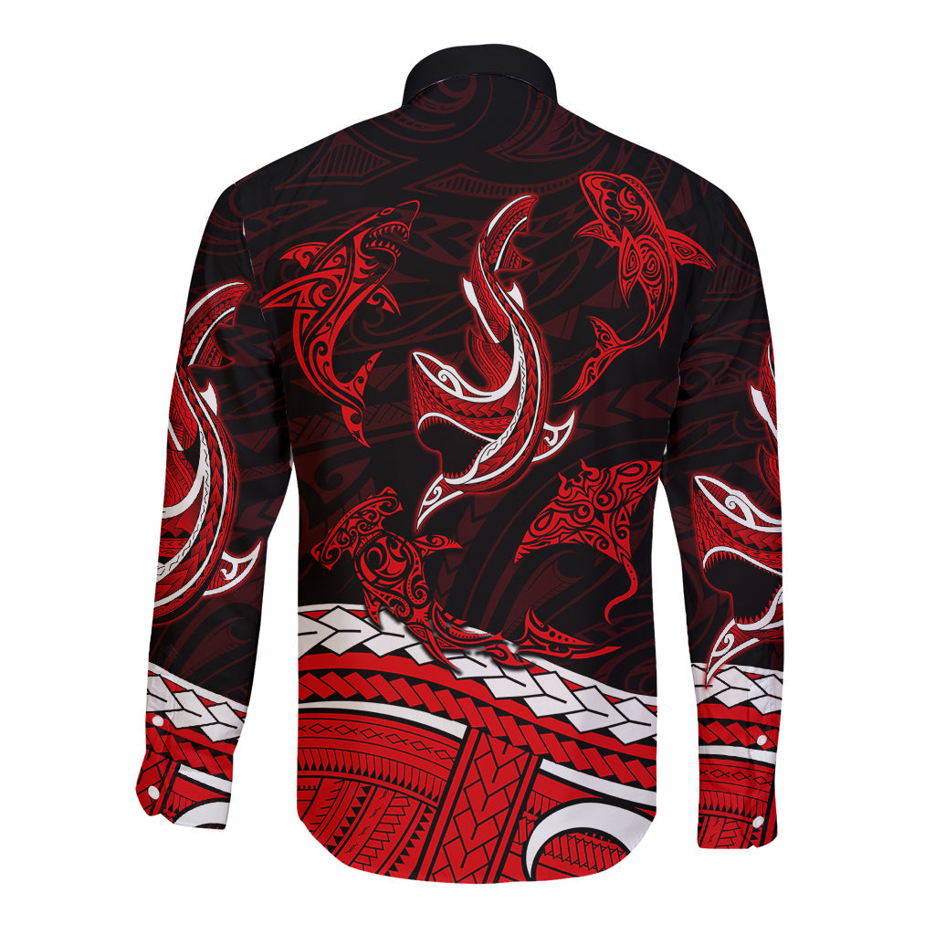 Polynesian Tribal Long Sleeve Button Shirt with Sharks Tattoo Red