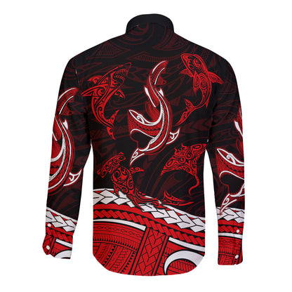 Polynesian Tribal Long Sleeve Button Shirt with Sharks Tattoo Red